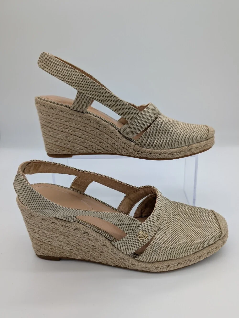 Lauren Ralph Lauren Penelopie Slingback Wedge Heel Espadrille Beige Gold US 9B